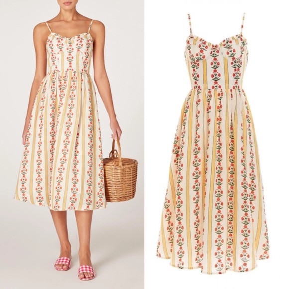Agua Bendita Dresses & Skirts - NWT AGUA Bendita Acacia Carmina Linen Bustier Dress S NEW Floral Midi Yellow
